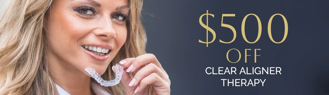 photo of a gorgeous woman with an invisible retainer next to special offer text