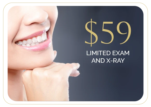 a woman with lovely teeth is smiling while advertising the $59 new patient special