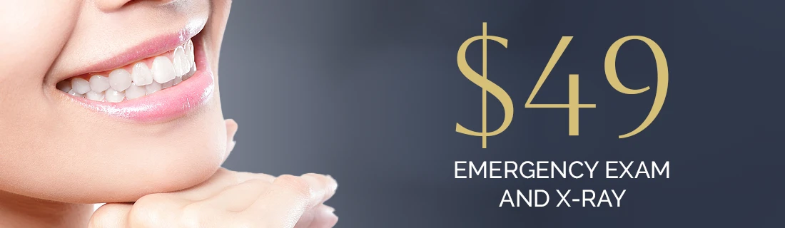 A woman smiling broadly and advertising a $49 emergency exam and X-Ray